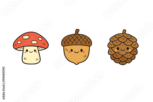 Three cute cartoon forest characters including a red mushroom, a brown acorn, and a pinecone with smiling faces and rosy cheeks isolated on a solid black background.