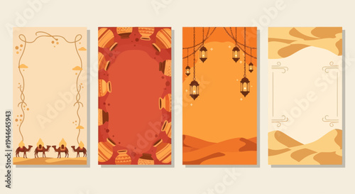 Desert Landscape Stories Templates with Camels, Lanterns, and Pottery