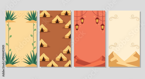 Desert Adventure Cards: Tents, Lanterns, and Desert Plants with Sand Dunes