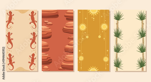 Desert Life: Lizards, Rocks, Sun, and Yucca Plants - Four Vertical Designs