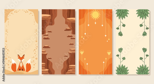 Four Vertical Social Media Story Templates: Fox, Desert Canyon, Sun and Stars, Succulents
