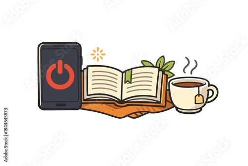 A flat illustration showing a smartphone with a power off icon next to an open book and a steaming cup of tea, representing a digital detox and relaxation concept on a black background.