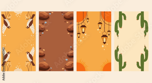 Desert Elements Vertical Frames: Birds, Rocks, Lanterns, Sun, and Cacti