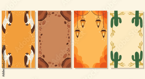 Desert Themed Vertical Frames: Cactus, Birds, Lanterns, and Rocks