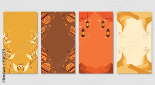 Set of 4 vertical abstract backgrounds with owl, geometric patterns, lanterns, and desert motifs.