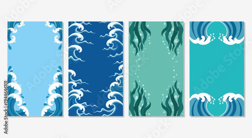 Ocean Wave and Seaweed Backgrounds Set, Japanese Style, Vector Art