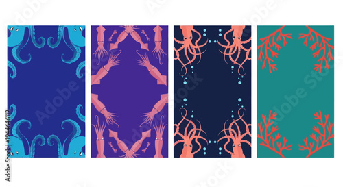 Oceanic Creatures & Coral Frames: A Set of Four Decorative Borders
