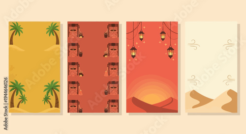 Desert Landscape Cards: Palm Trees, Sunset, Lanterns, Dunes, Wind
