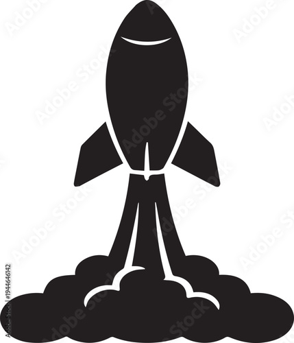 Black silhouette illustration of rocket launching upward with flames exhaust and smoke cloud symbolizing space exploration technology and ambitious goals