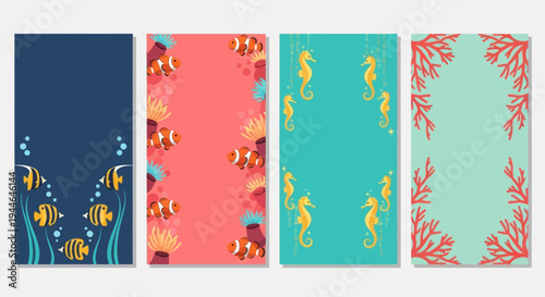 Ocean Life Vertical Templates: Clownfish, Seahorses, Coral, and Tropical Fish