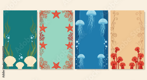 Oceanic Decorative Borders: Jellyfish, Starfish, Shells, and Coral Designs
