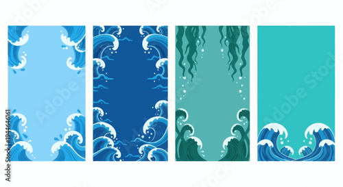 Ocean Waves Pattern - Pixel Art Style, Blue Tones with Seaweed Elements