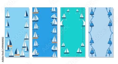 Nautical Backgrounds: Sailing Boats and Bells Vector Set