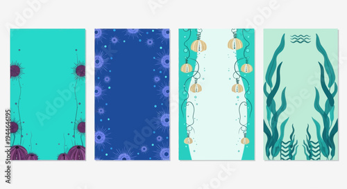 Underwater Nature Patterns: Sea Urchins, Kelp, and Shells Vertical Backgrounds