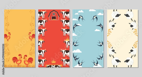 Farm Animal Borders: Roosters, Cows, Swallows, Sheep - Vertical Design Templates