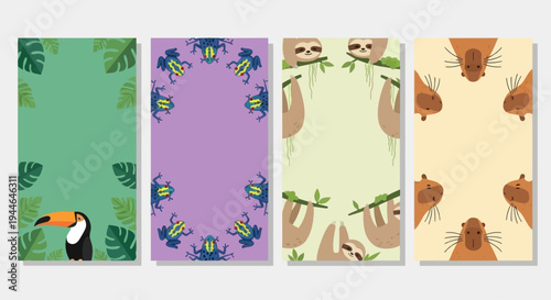 Jungle Animals Greeting Cards: Toucan, Frogs, Sloths, Capybaras, Tropical Leaves