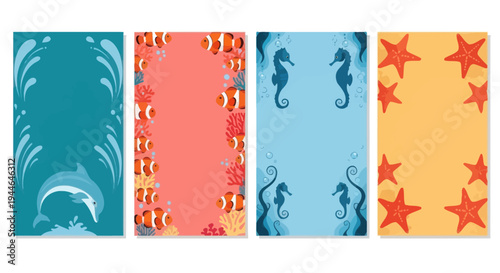 Ocean Life Vertical Banners: Dolphin, Clownfish, Seahorse, Starfish
