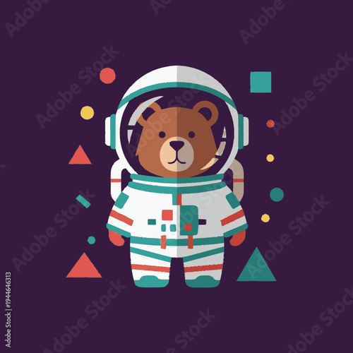 Cute Cartoon Bear Astronaut in a Spacesuit with Geometric Shapes, Flat Design Vector Illustration for Space Exploration