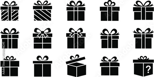 Gift box icons set, festive present silhouettes, holiday packaging design, mystery surprise artwork, decorative ribbon illustration, black white graphic collection