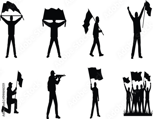 Protest flag silhouettes, activist icons, collective unity artwork, demonstration design illustration, militant presence symbol, black white graphic, social movement representation