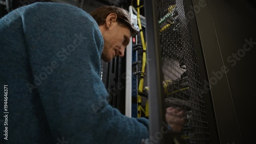Close up low angle shot of data center engineer working inside server rack, connecting network cables and checking hardware equipment in modern information technology infrastructure environment
