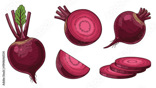 Fresh red beetroots shown in various forms including whole vegetable with leaves half cut sections and thin circular slices for cooking.