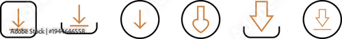 A sequence of six icons depicting downward pointing arrows within rounded rectangular frames suggesting a process high quality professional detailed