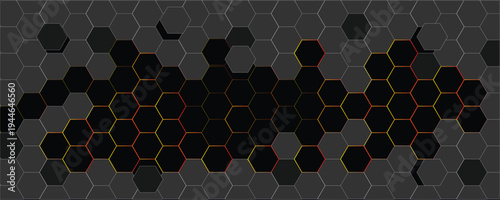 Luxury hexagonal abstract black metal background with golden light lines. Hexagonal gaming vector abstract tech background. Pure black horizontal banner wallpaper. Vector illustration