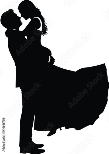 Romantic couple silhouette illustration, man lifting woman in flowing dress, love pose, emotional connection, elegant artwork, vector design, relationship