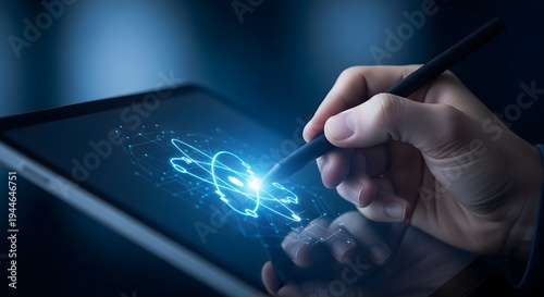 Wallpaper Mural A person interacting with a futuristic digital interface on a tablet Torontodigital.ca