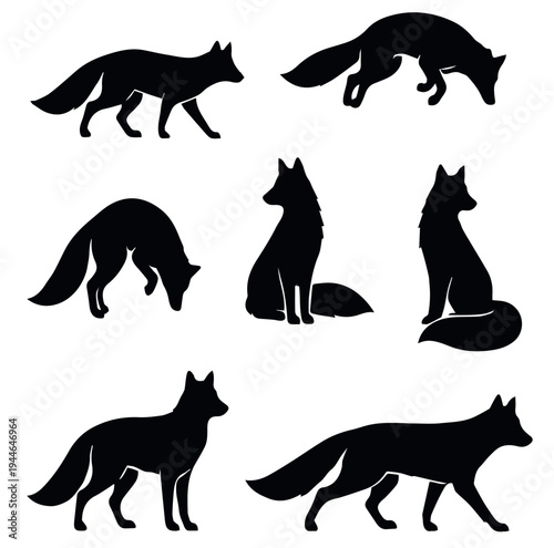 Black fox silhouettes in six different poses walking sniffing sitting pouncing curled tail and standing alert artistic representation of wildlife behavior