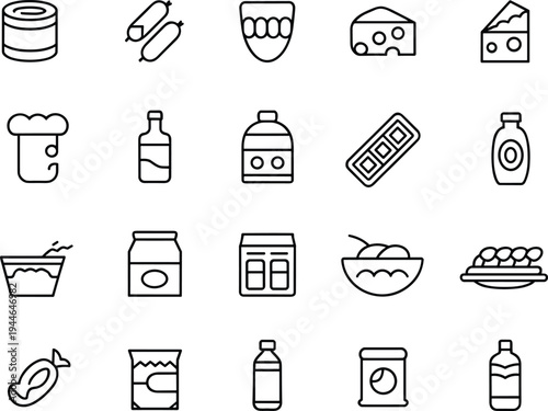 Food and kitchen icon set illustration, grocery product graphic, culinary symbol design element, snack logo art, beverage image, cooking essentials representation
