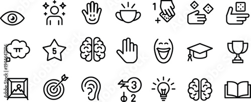 Education learning achievement icons set, graduation cap trophy brain light bulb idea target graph star pi dice book ear smile