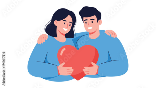 Happy young couple expressing love and affection while holding a large red heart symbol together against a clean white background.