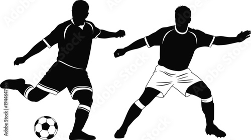 Soccer players silhouette illustration, offensive kick defensive stance, football match action artwork, sports vector design, athletic competition graphic