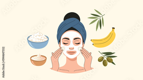 Beautiful woman applying a natural facial mask using organic ingredients like bananas olives and cottage cheese for a healthy skincare routine.