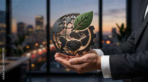 A man in a business suit holds a green earth sculpture