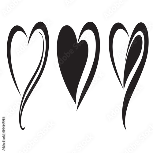 Stylized black and white illustration of three creative heart designs arranged horizontally abstract artistic representation symbolizing love and emotion