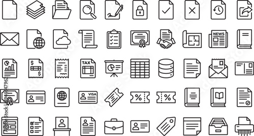 Document and File Management Line Icons Set - Office, Business Papers and Data Vector Collection
