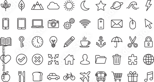 Universal Line Icons Set - Nature, Technology, Lifestyle, Travel and Everyday Objects Vector Collection
