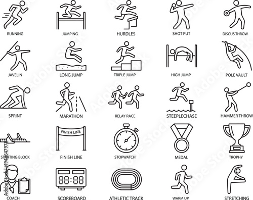 Athletics and Track Field Sports Icons Set - Running, Jumping, Throwing Vector Illustration
