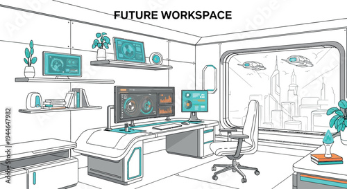 Detailed line art illustration of a futuristic home office environment featuring multiple holographic computer displays overlooking a cityscape with flying vehicles.