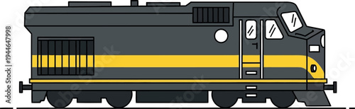 Simple illustration of a powerful dark gray diesel locomotive featuring a distinctive bright yellow horizontal stripe design element.