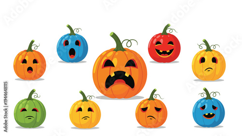 Collection of various colorful Halloween pumpkins with funny spooky and sad facial expressions arranged on a white background.