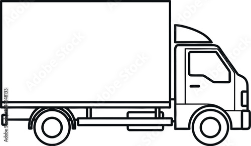 Simple black and white outline drawing of a small box truck representing logistics and freight delivery services on a clean background.