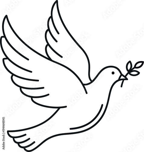 Simple line art drawing of a white dove bird gracefully flying while holding a small olive branch in its beak