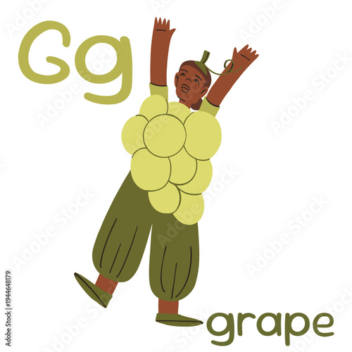 Jumping Man in a Green Grape Costume, Letter G Flashcard, English Learning