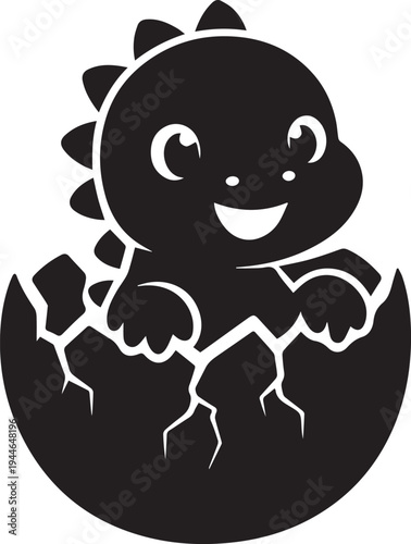 Cartoon baby dinosaur hatching from cracked egg black and white illustration with smiling face and expressive eyes playful design for children and prehistoric themes