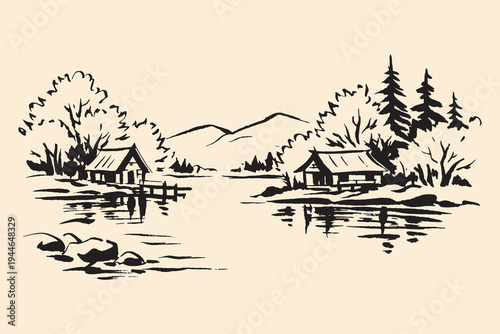 Lakeside cabins mountain landscape ink sketch vector illustration