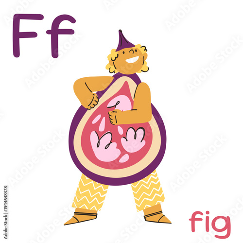 An educational flashcard for the letter G featuring a character in a fig costume and yellow zigzag pants.